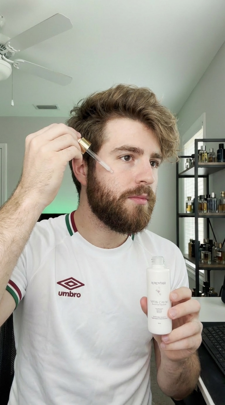 Homem aplicando o sérum Vitis Calm